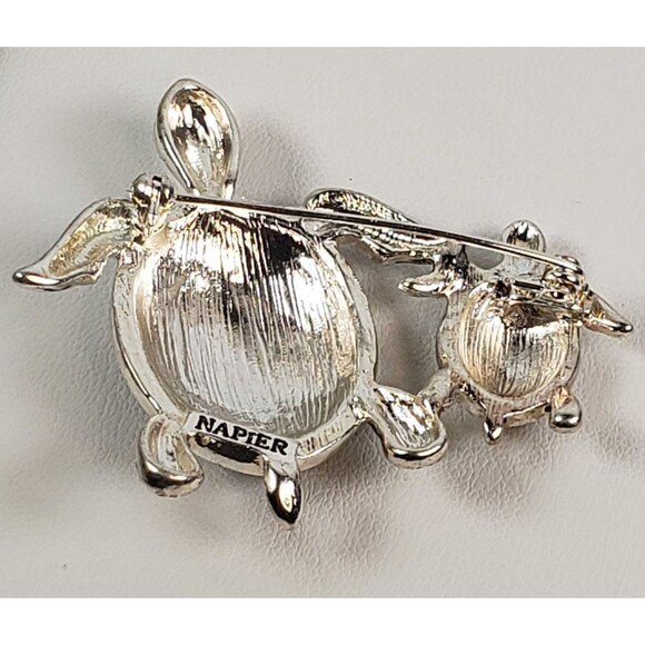 Vintage Signed Napier Turtle With Baby Abalone Shell & Rhinestone Accents Brooch - Picture 10 of 14